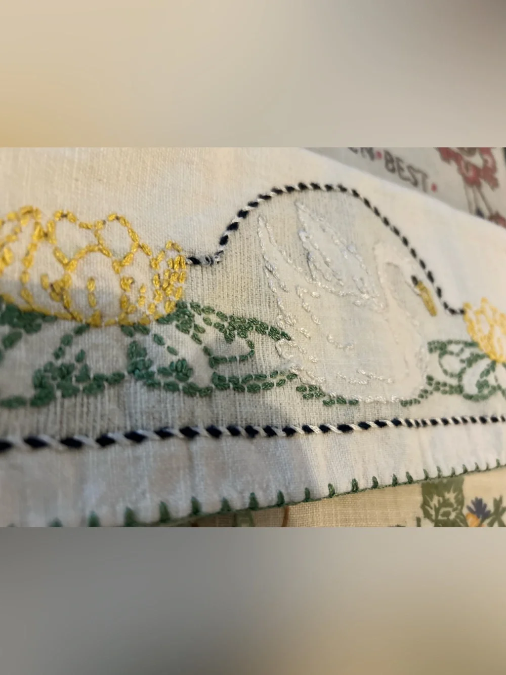 Vintage Embroidered Linen Tea Towel Swan Lotus Flowers